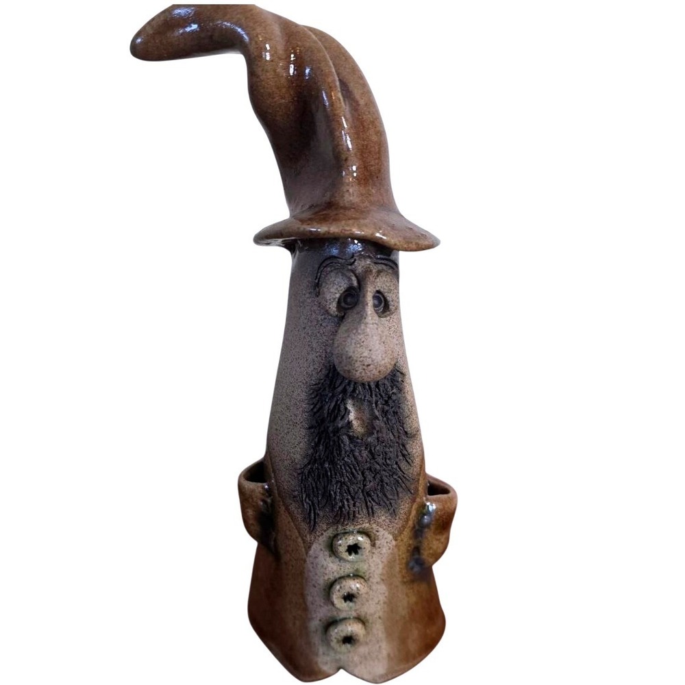 Vintage Studio Pottery Wizard Figurine Handcrafted Ceramic Folk Art Brown 8.5"